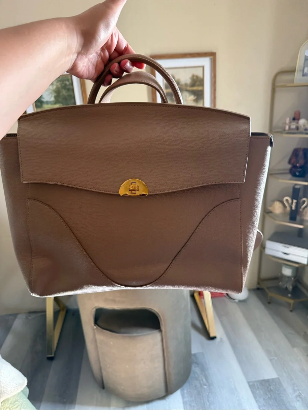 Taupe Leather Top-Handle Briefcase with Gold Hardware